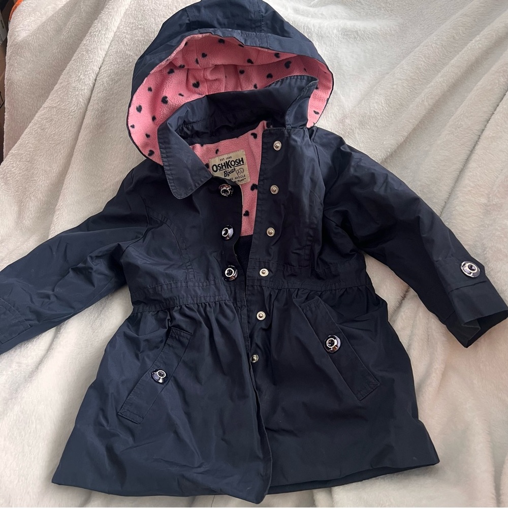 Oshkosh Fleece Lined Water Resistant Peplum Navy Jacket 2T with Pink Lining